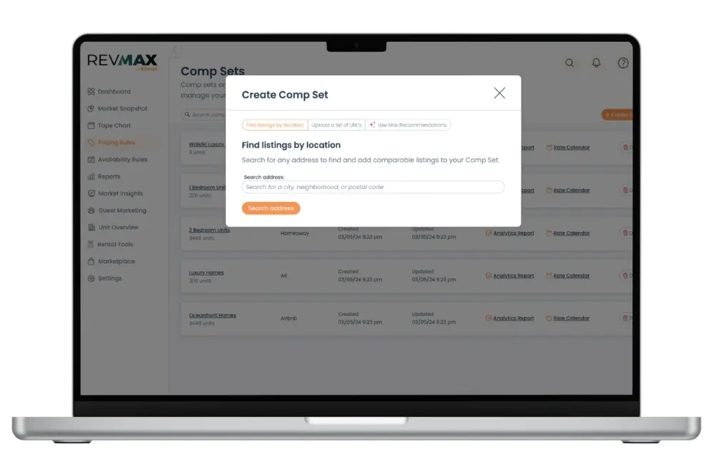 A laptop showing a RevMax comp set